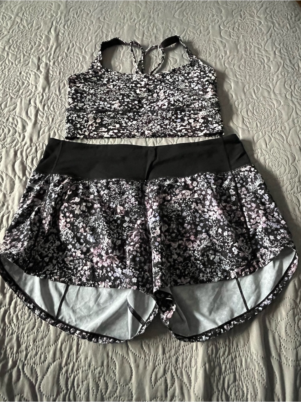 lululemon athletica Black Floral Athletic Shorts with Pink Accents